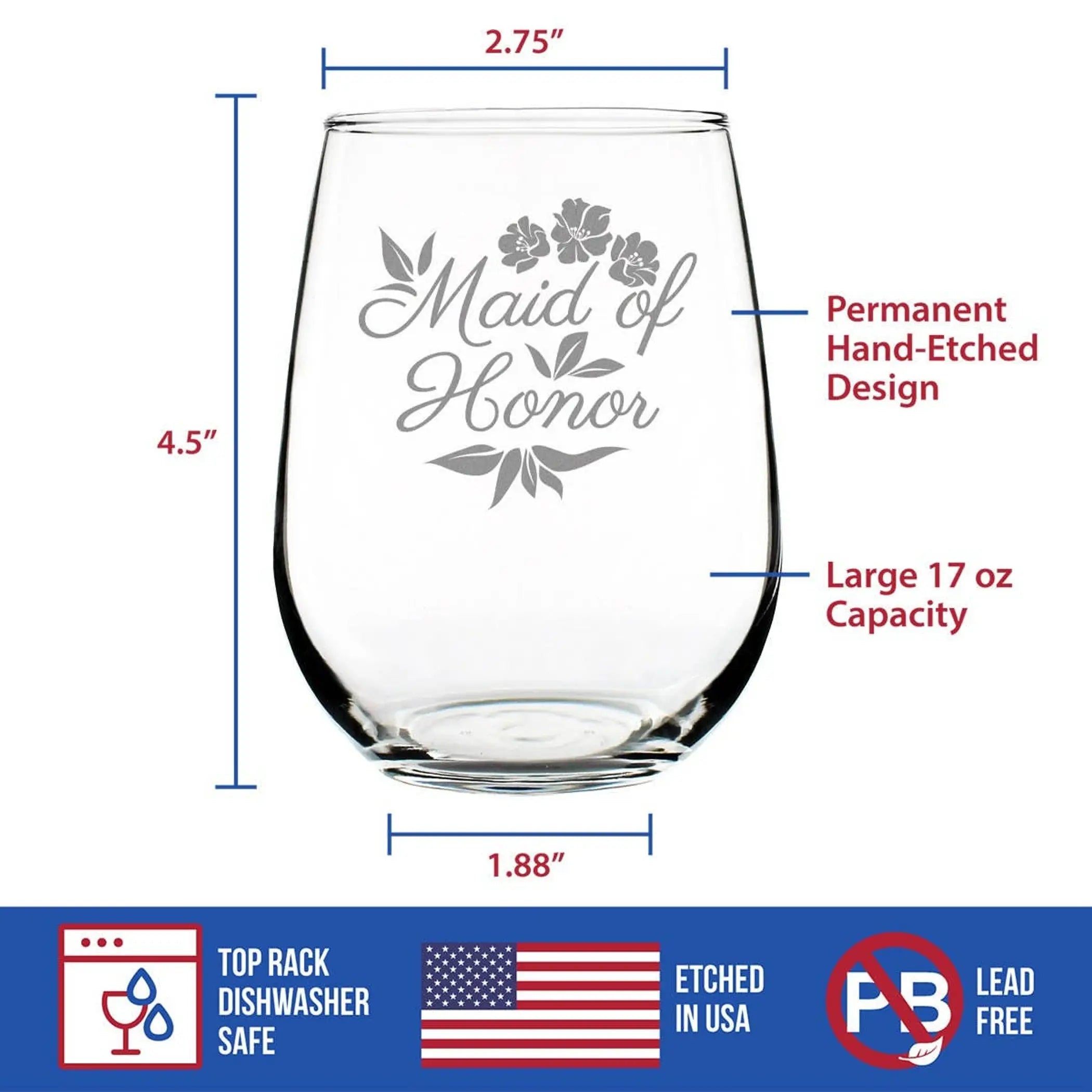 Wedding Maid of Honor Stemless Wine Glass Bridal Party Gifts Bevvee
