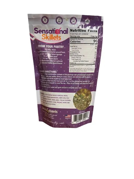 Purple resealable pouch of Sensational Skillets, featuring nutritional info and cooking directions for easy meal prep.