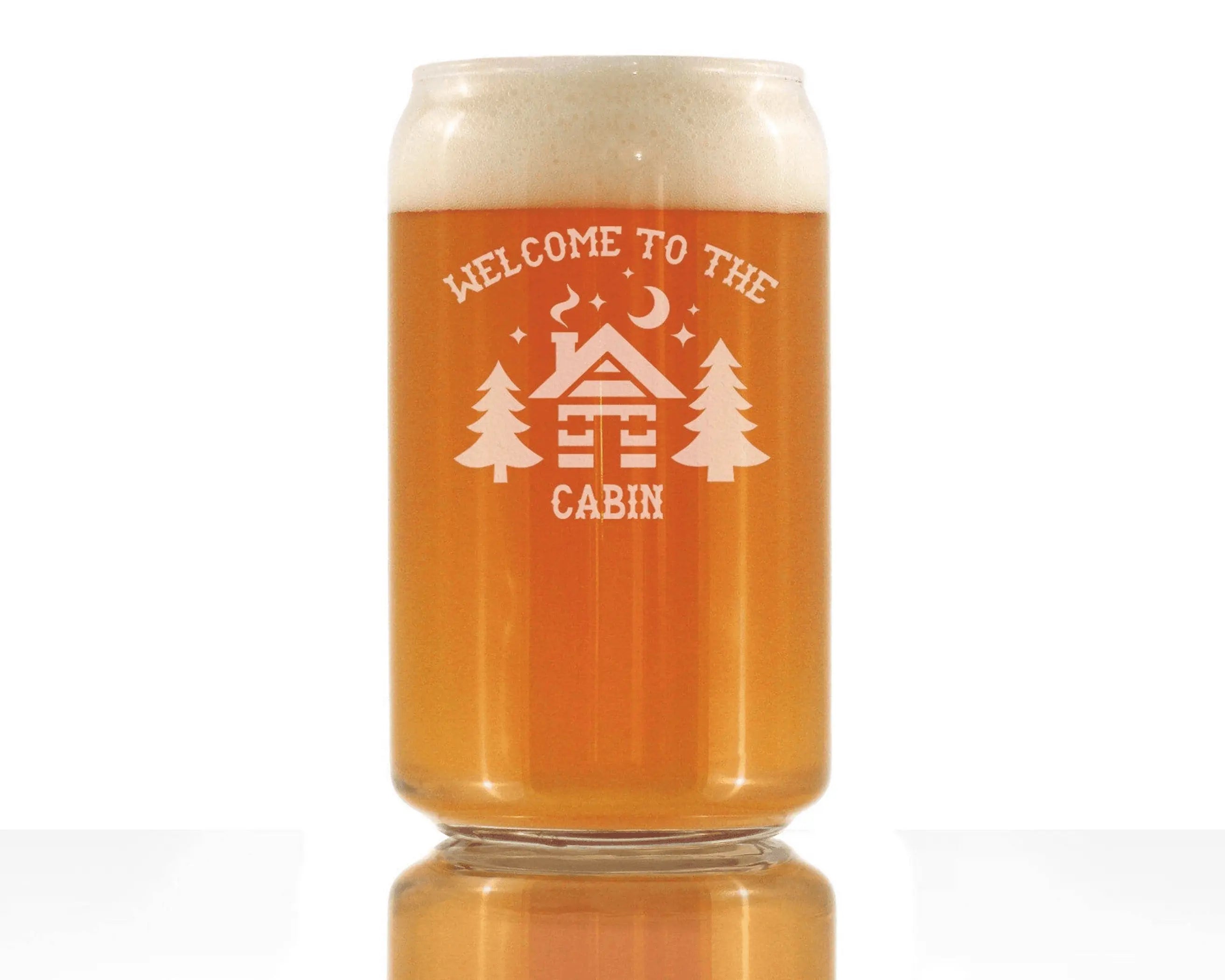 "Clear glass canister with 'Welcome to the Cabin' design, featuring trees, for craft beer lovers."