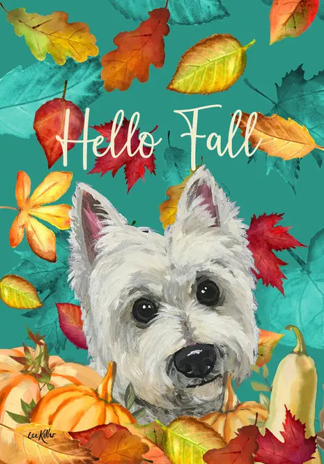 Westie - Hippie Hound Studios Fall Leaves  House and Garden Flags Best of Breed