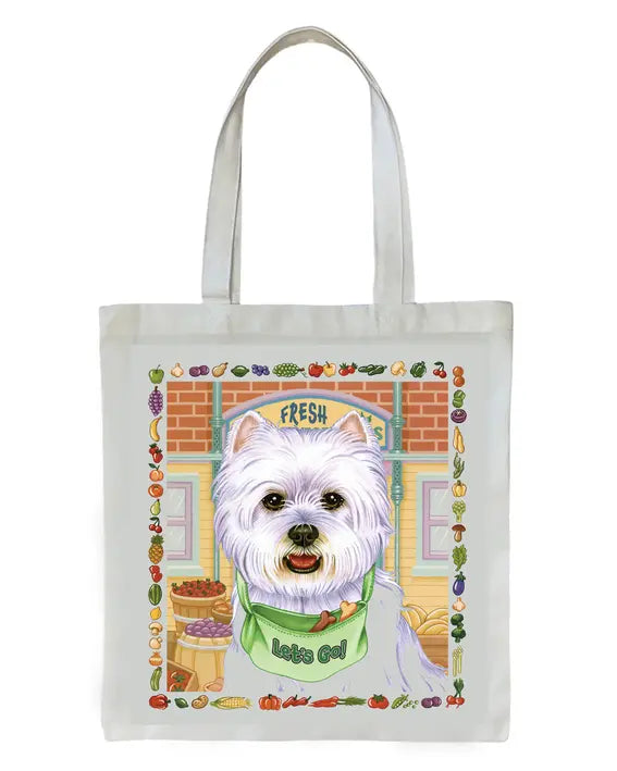 White canvas tote bag featuring a colorful dog illustration and vegetable motifs, perfect for grocery shopping.