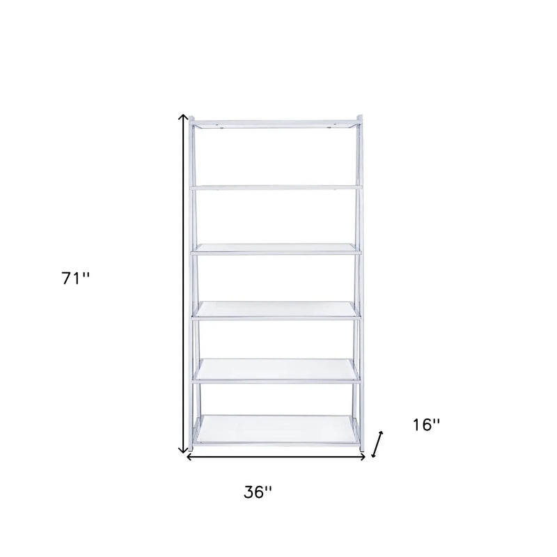 White And Silver Metal and Glass Five Tier Ladder Bookcase Homeroots Office