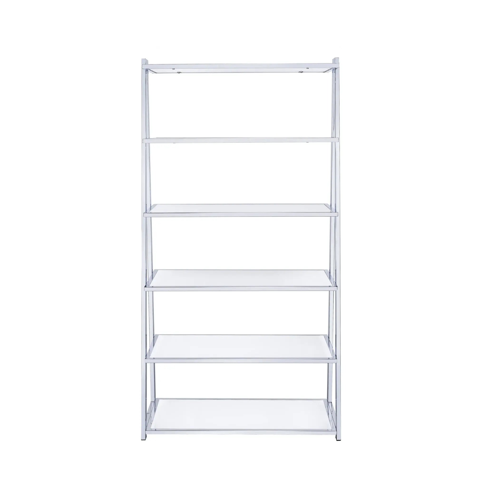White And Silver Metal and Glass Five Tier Ladder Bookcase Homeroots Office
