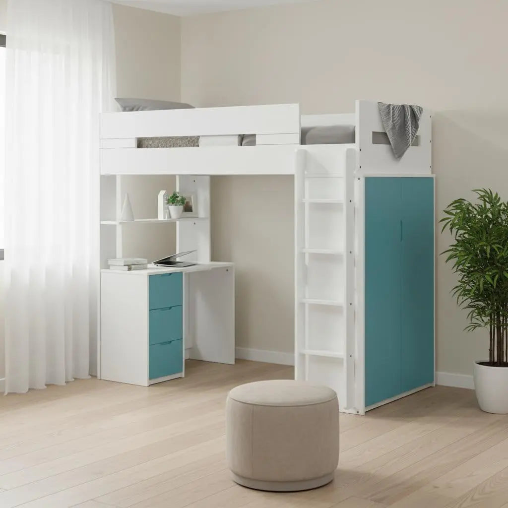 White And Teal Twin Loft Bed And Desk Homeroots Bed & Bath