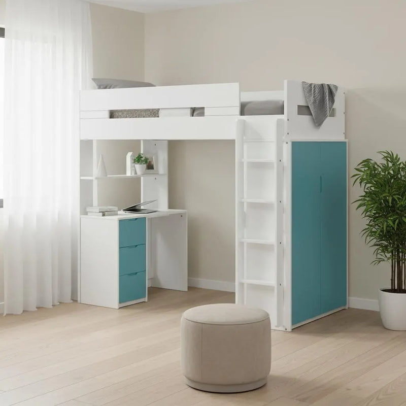 White And Teal Twin Loft Bed And Desk Homeroots Bed & Bath