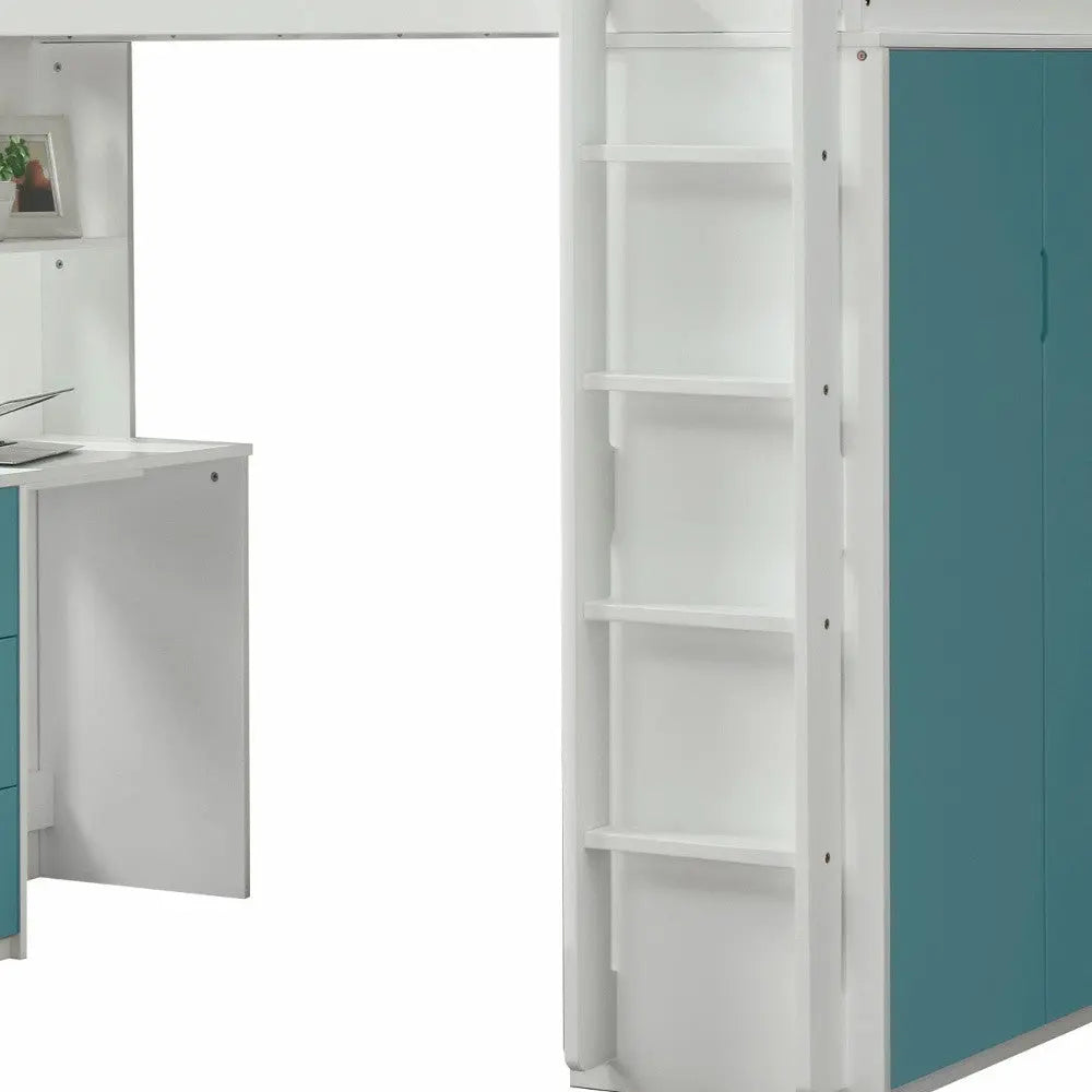 White And Teal Twin Loft Bed And Desk Homeroots Bed & Bath