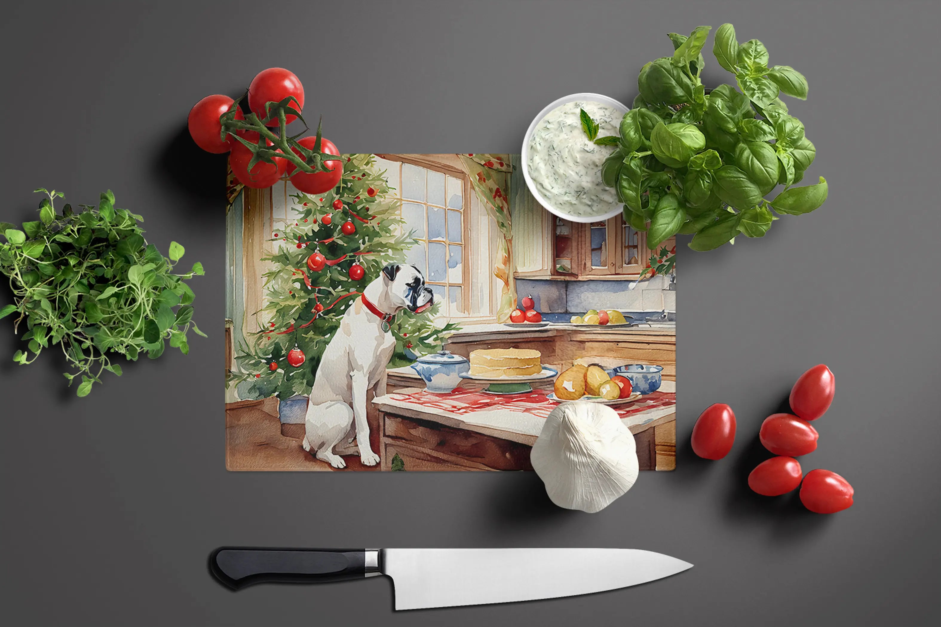 White Boxer Christmas Cookies Glass Cutting Board Caroline's Treasures