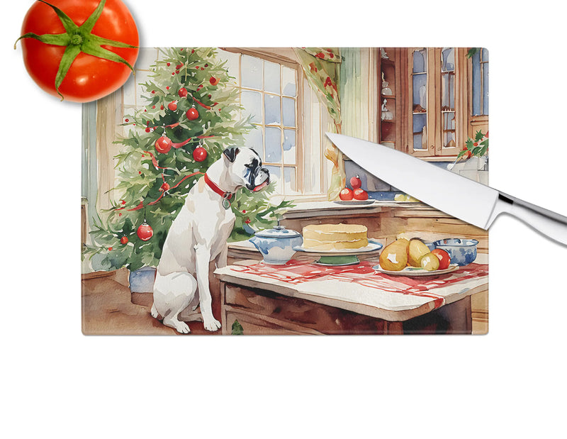 White Boxer Christmas Cookies Glass Cutting Board Caroline's Treasures