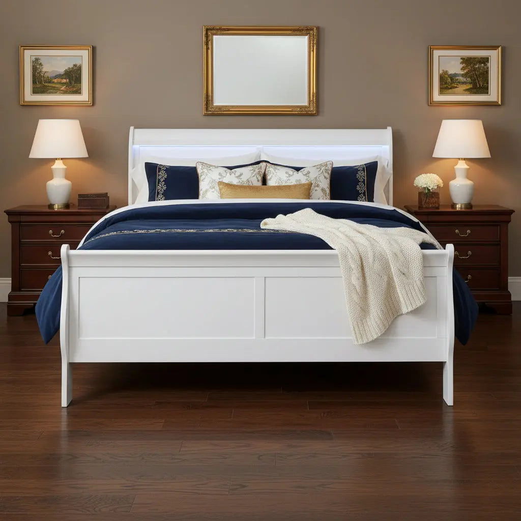 White Carved Geometric Wood Lighted King Bed Frame Homeroots Bed & Bath