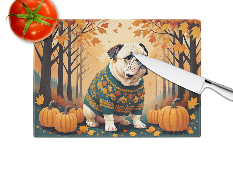White English Bulldog Fall Glass Cutting Board Caroline's Treasures
