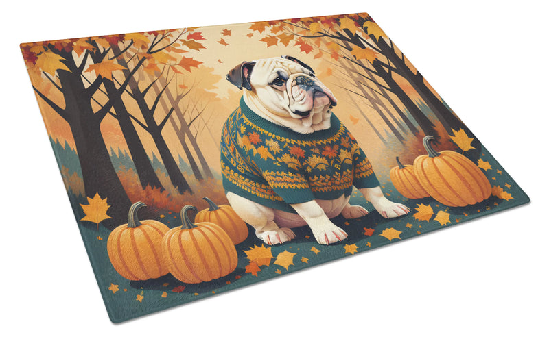 White English Bulldog Fall Glass Cutting Board Caroline's Treasures