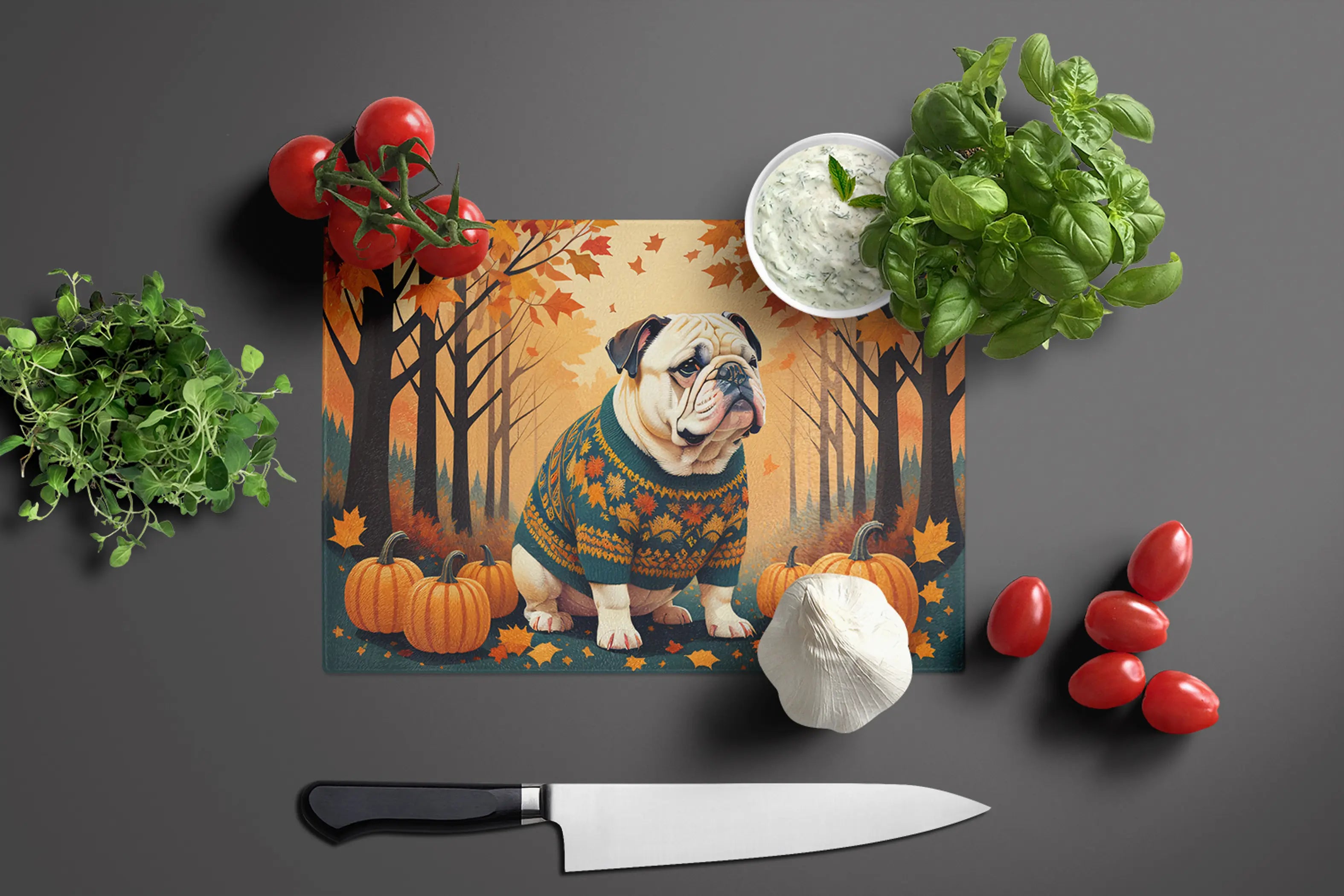 White English Bulldog Fall Glass Cutting Board Caroline's Treasures