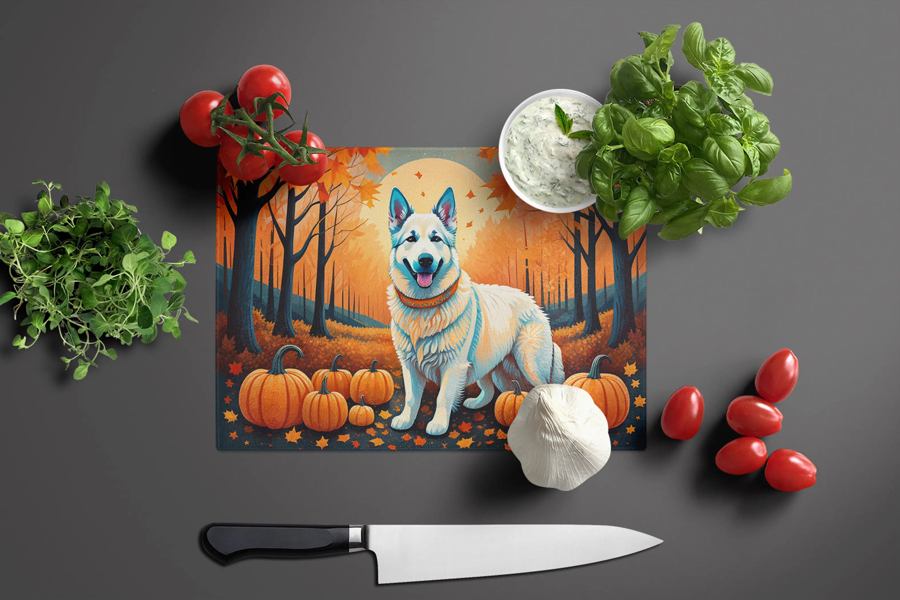 White German Shepherd Fall Glass Cutting Board Caroline's Treasures