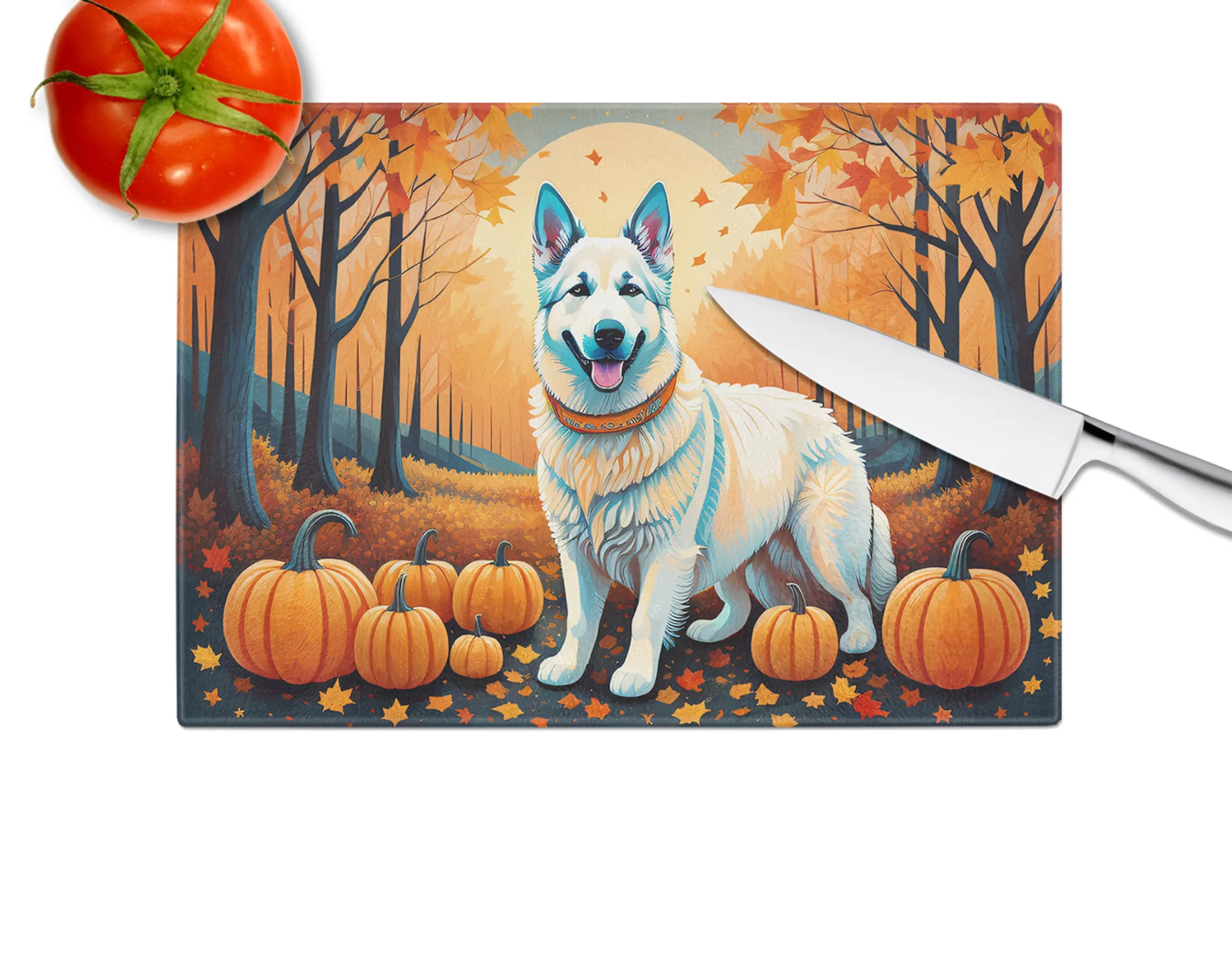White German Shepherd Fall Glass Cutting Board Caroline's Treasures
