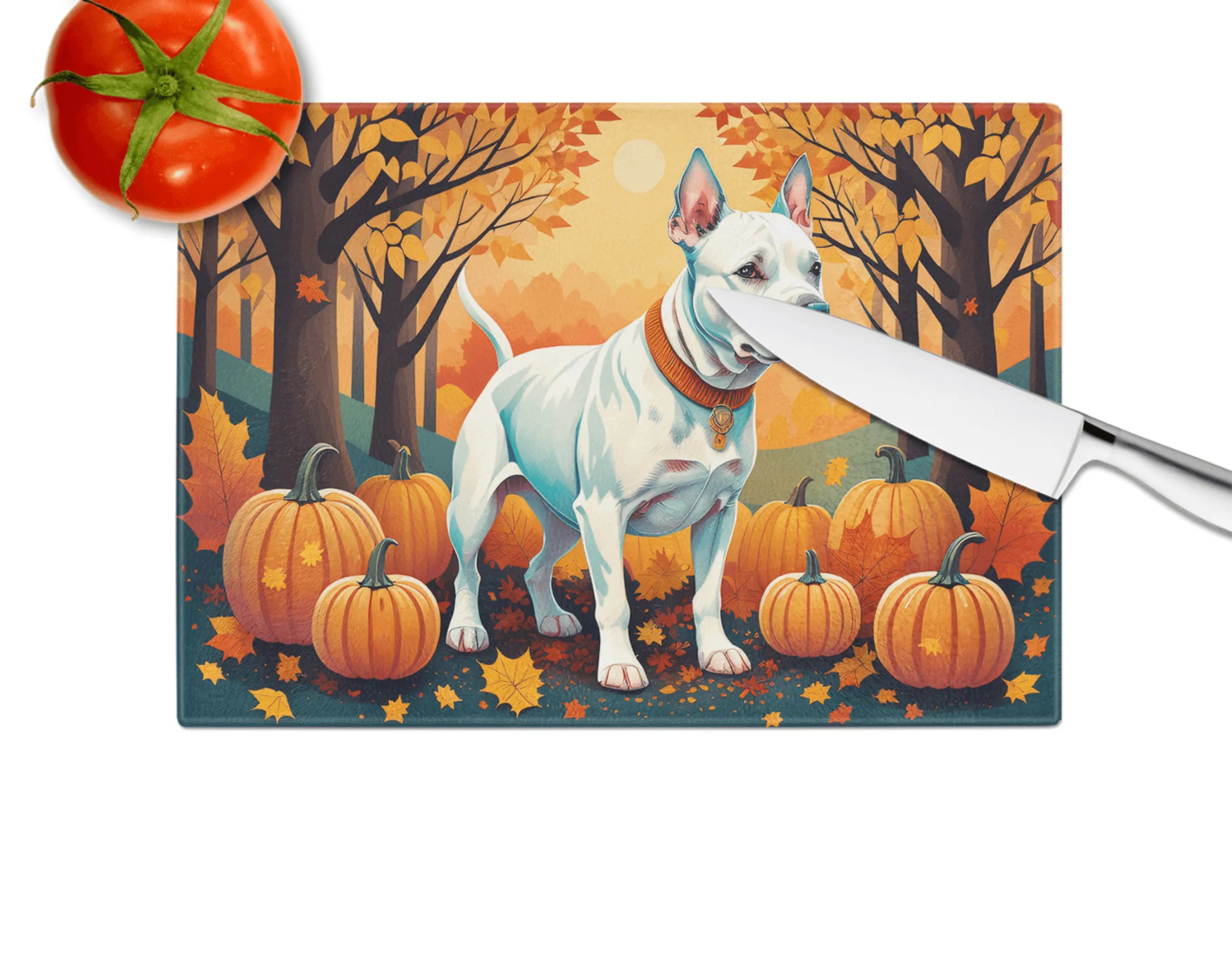 White Pit Bull Terrier Fall Glass Cutting Board Caroline's Treasures