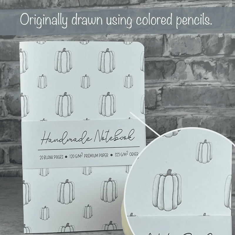 White Pumpkins Pattern - A5 ish size Handmade Saddle Bound Notebook Art by Erica H