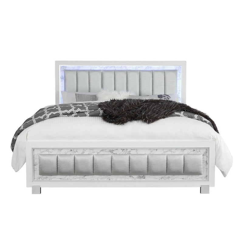 White Solid Wood And Faux Leather Lighted King Bed Frame With No Homeroots Bed & Bath