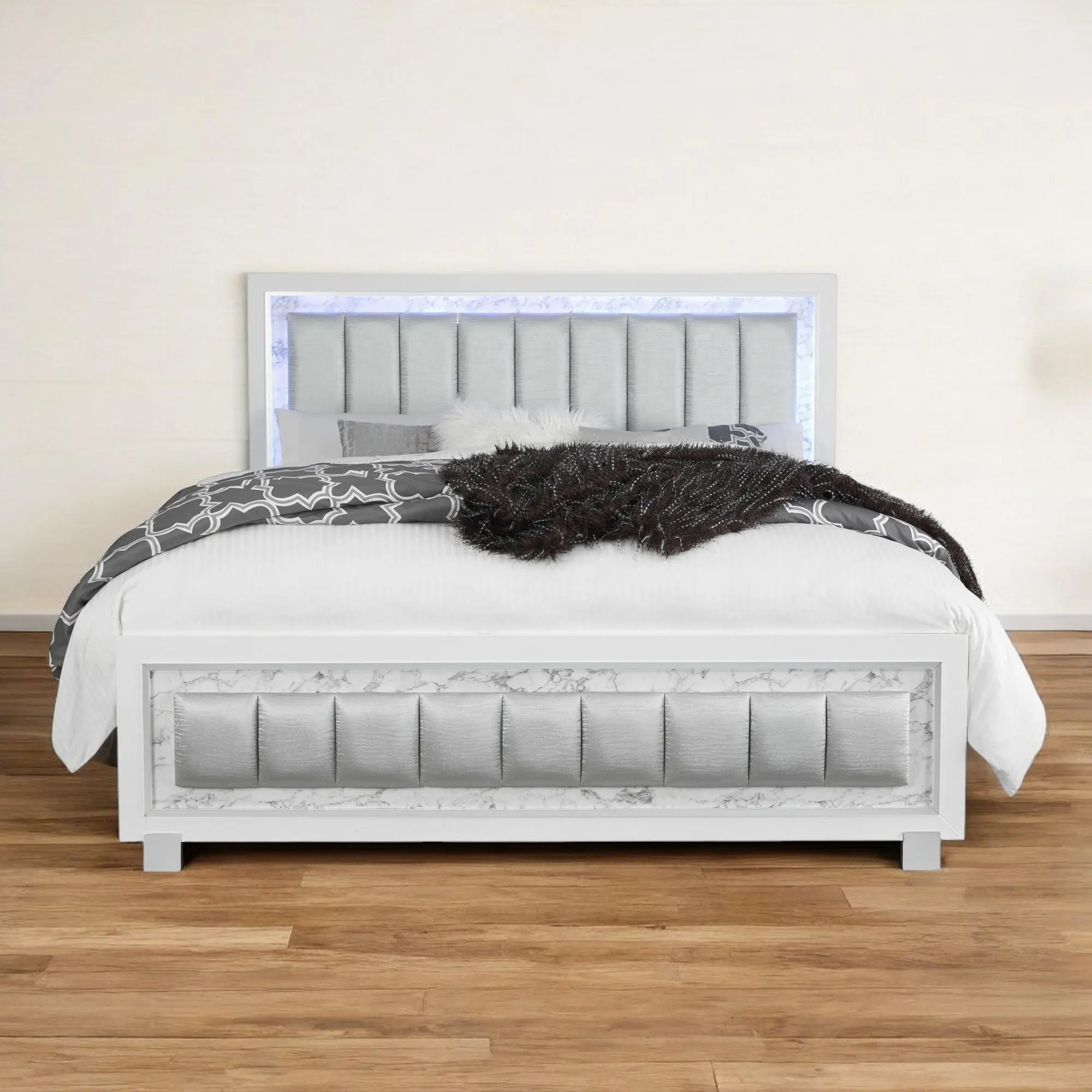 White Solid Wood And Faux Leather Lighted King Bed Frame With No Homeroots Bed & Bath