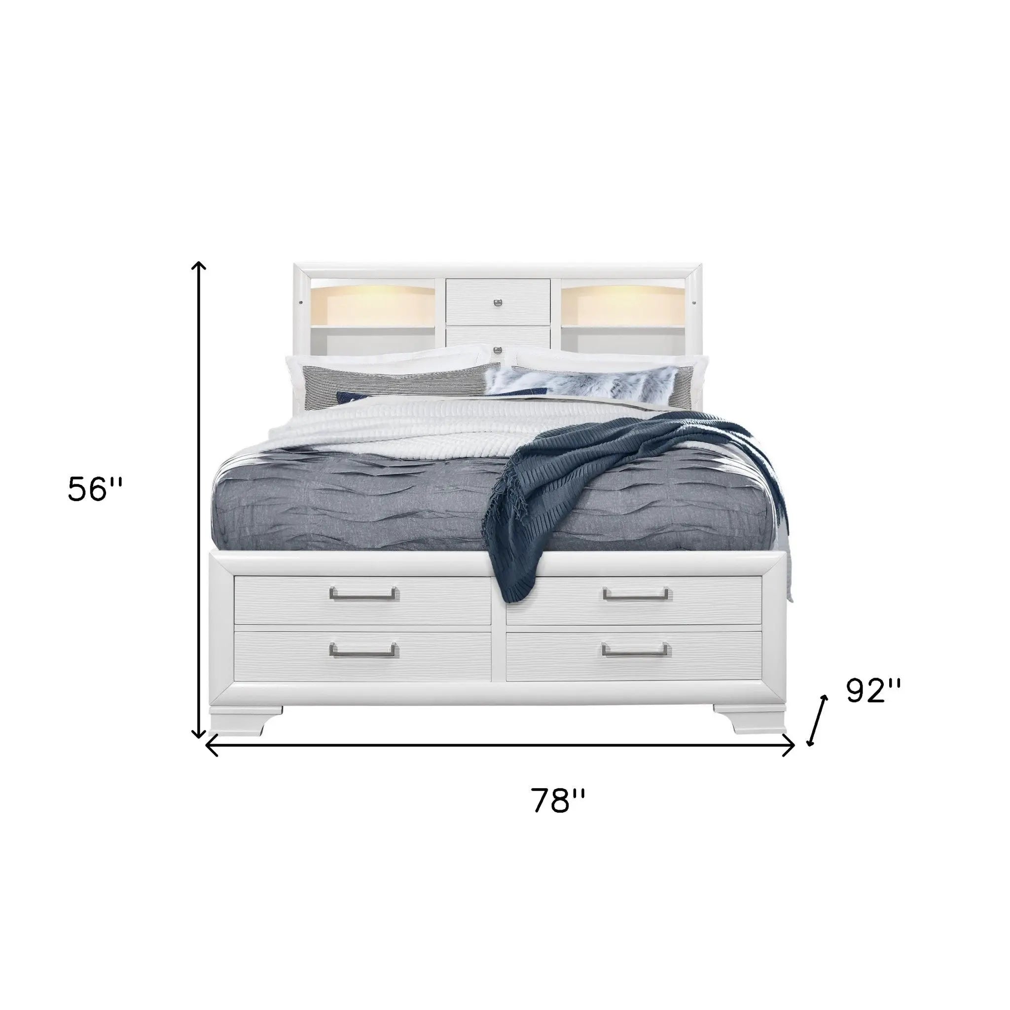 White Solid Wood Lighted King Bed Frame With Drawers Homeroots Bed & Bath