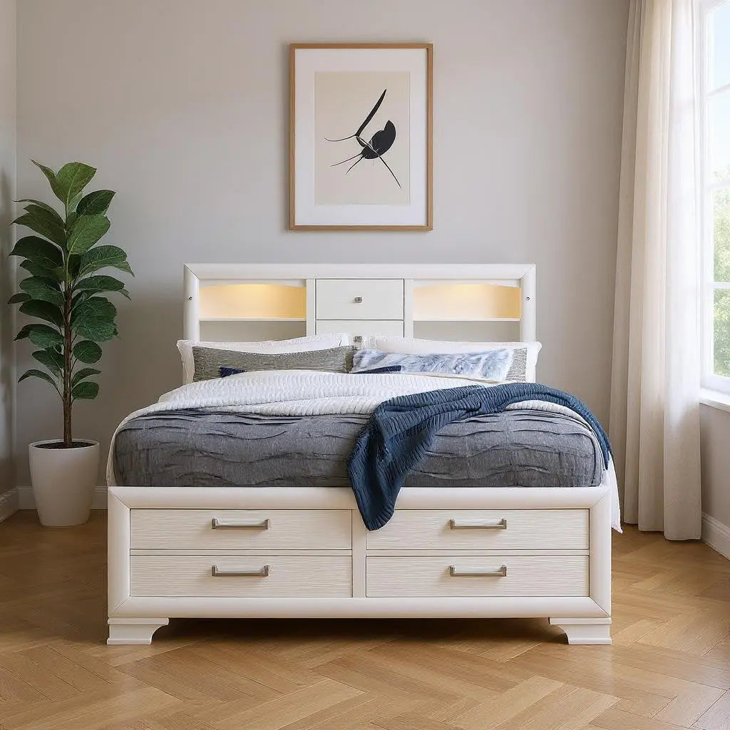 White Solid Wood Lighted King Bed Frame With Drawers Homeroots Bed & Bath