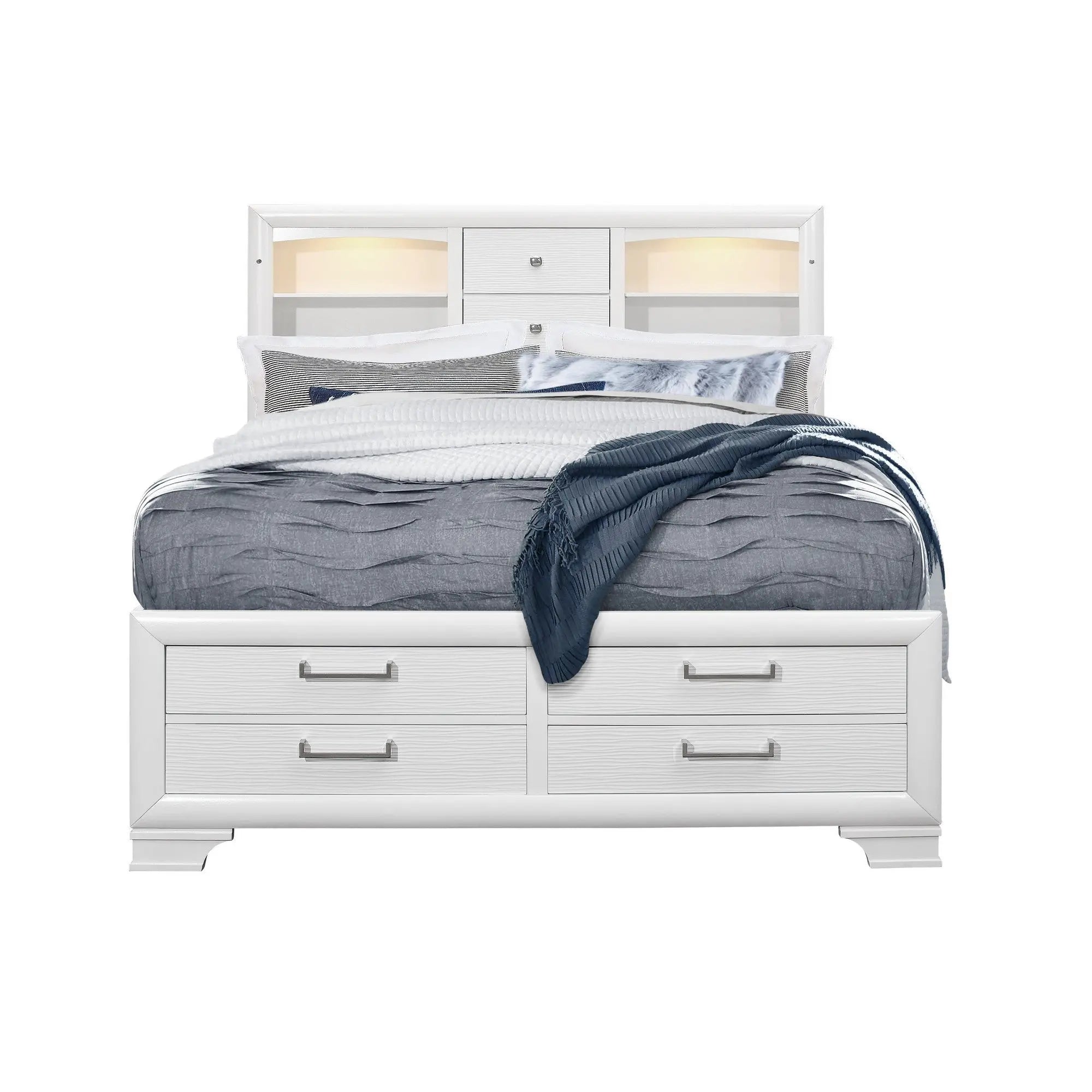 White Solid Wood Lighted King Bed Frame With Drawers Homeroots Bed & Bath