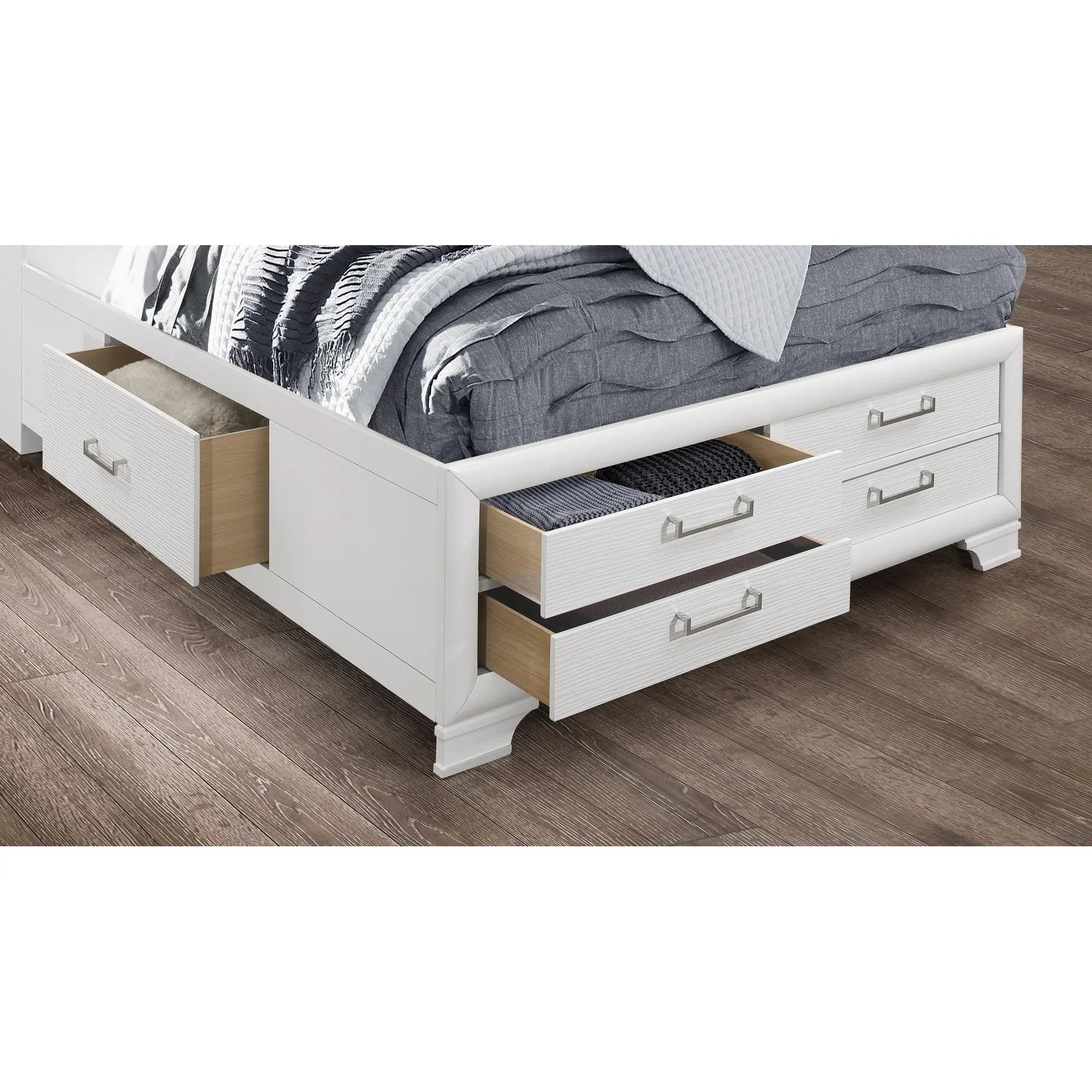 White Solid Wood Lighted King Bed Frame With Drawers Homeroots Bed & Bath