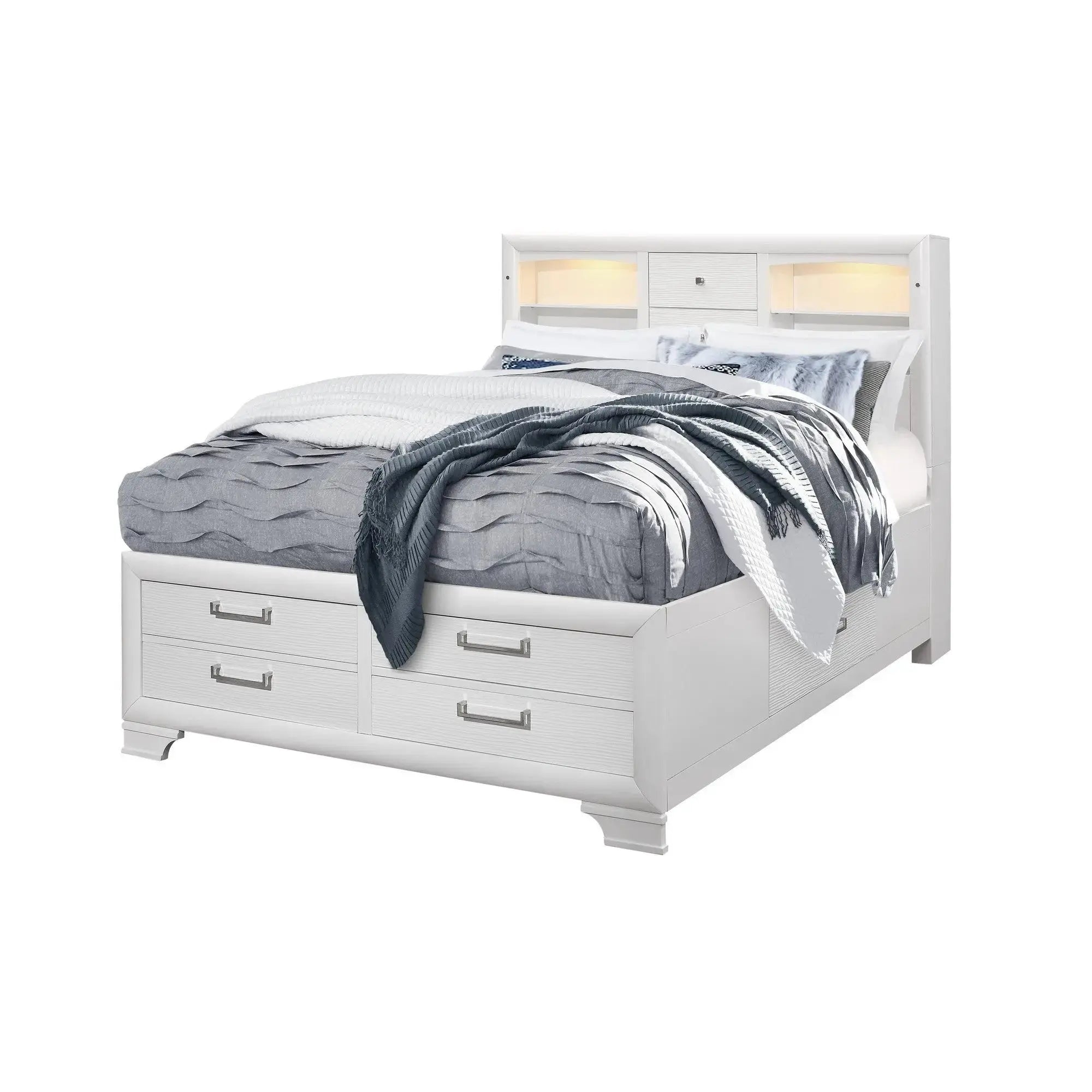 White Solid Wood Lighted King Bed Frame With Drawers Homeroots Bed & Bath