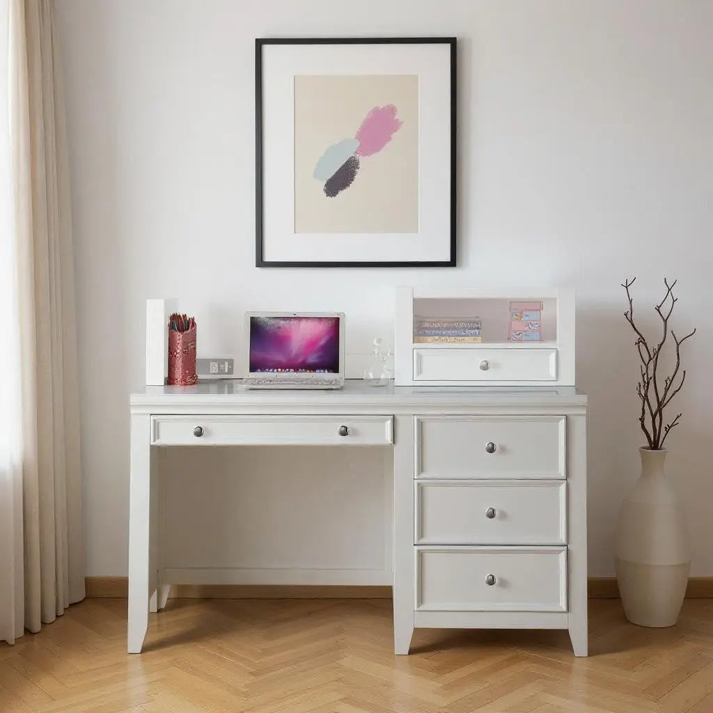 White Wood Computer Desk With 3 Drawers And Keyboard Drawer Homeroots Office
