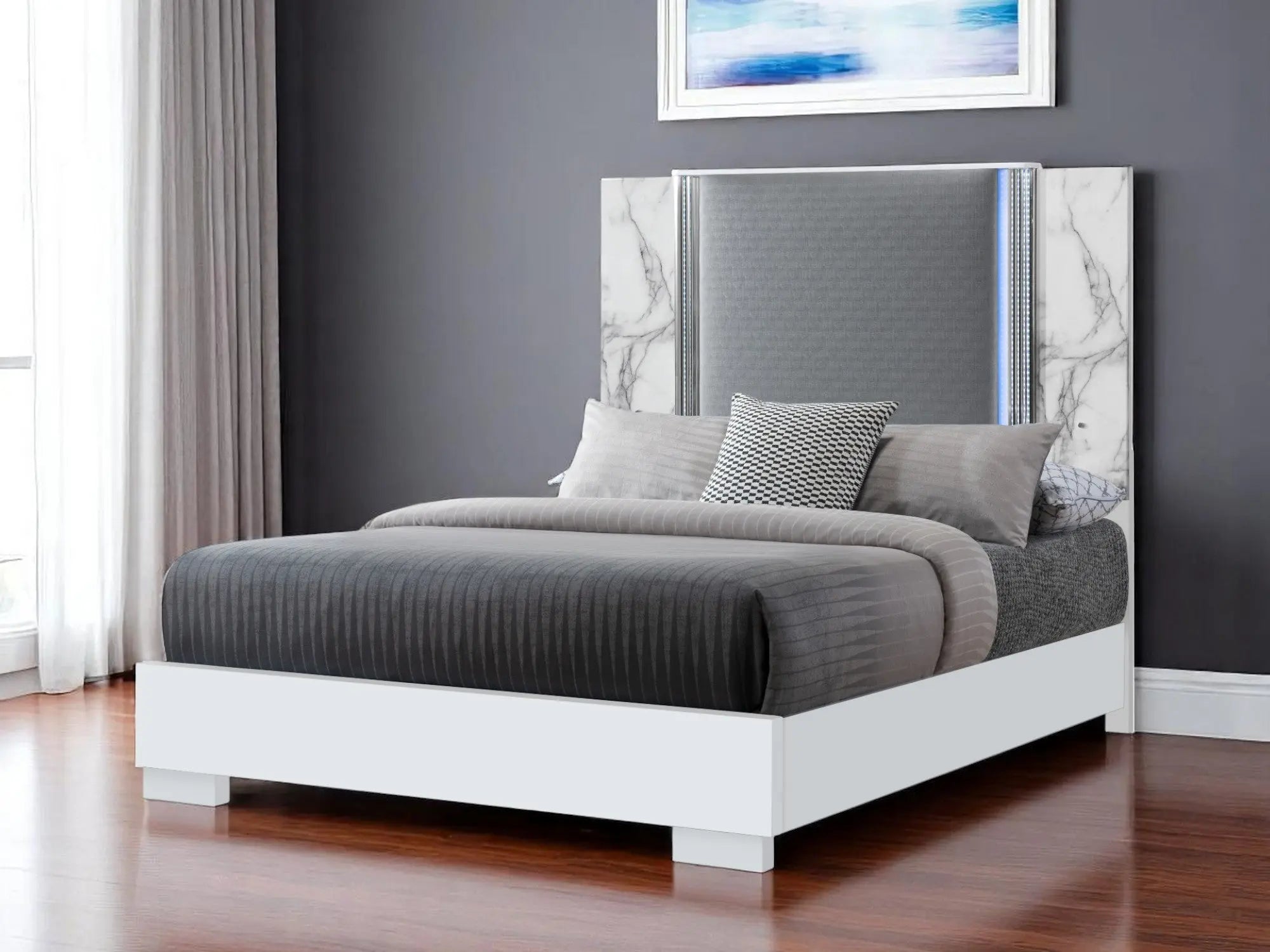 White and Gray Faux Marble And Upholstery Lighted Queen Bed Frame Homeroots Bed & Bath