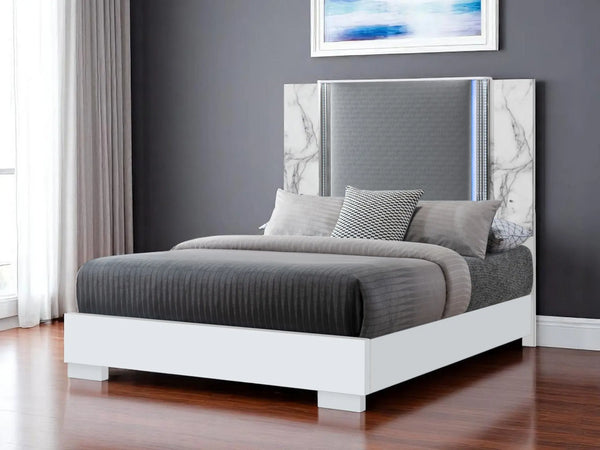 White and Gray Faux Marble And Upholstery Lighted Queen Bed Frame Homeroots Bed & Bath