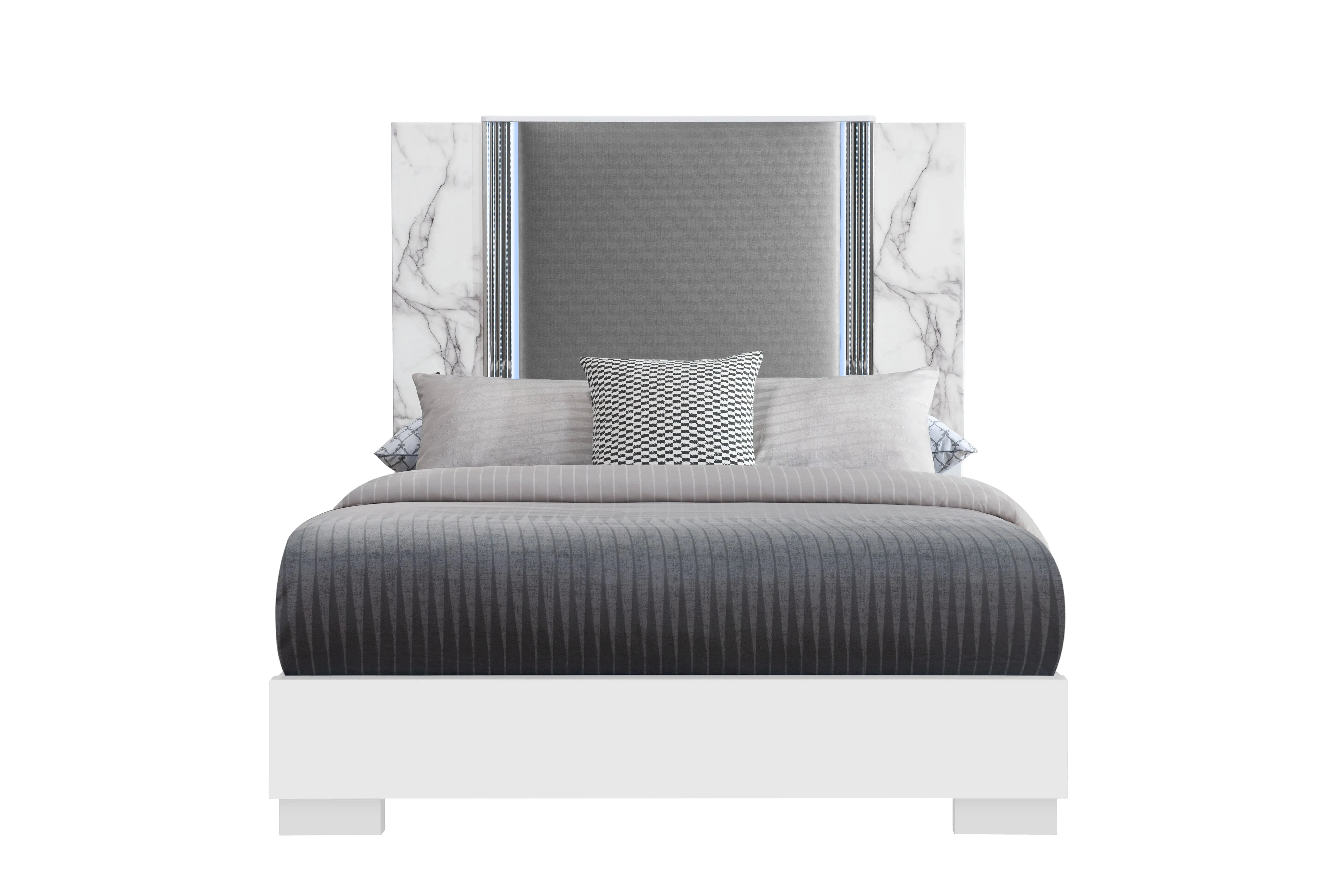 White and Gray Faux Marble And Upholstery Lighted Queen Bed Frame Homeroots Bed & Bath
