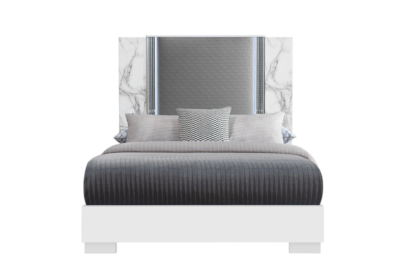 White and Gray Faux Marble And Upholstery Lighted Queen Bed Frame Homeroots Bed & Bath