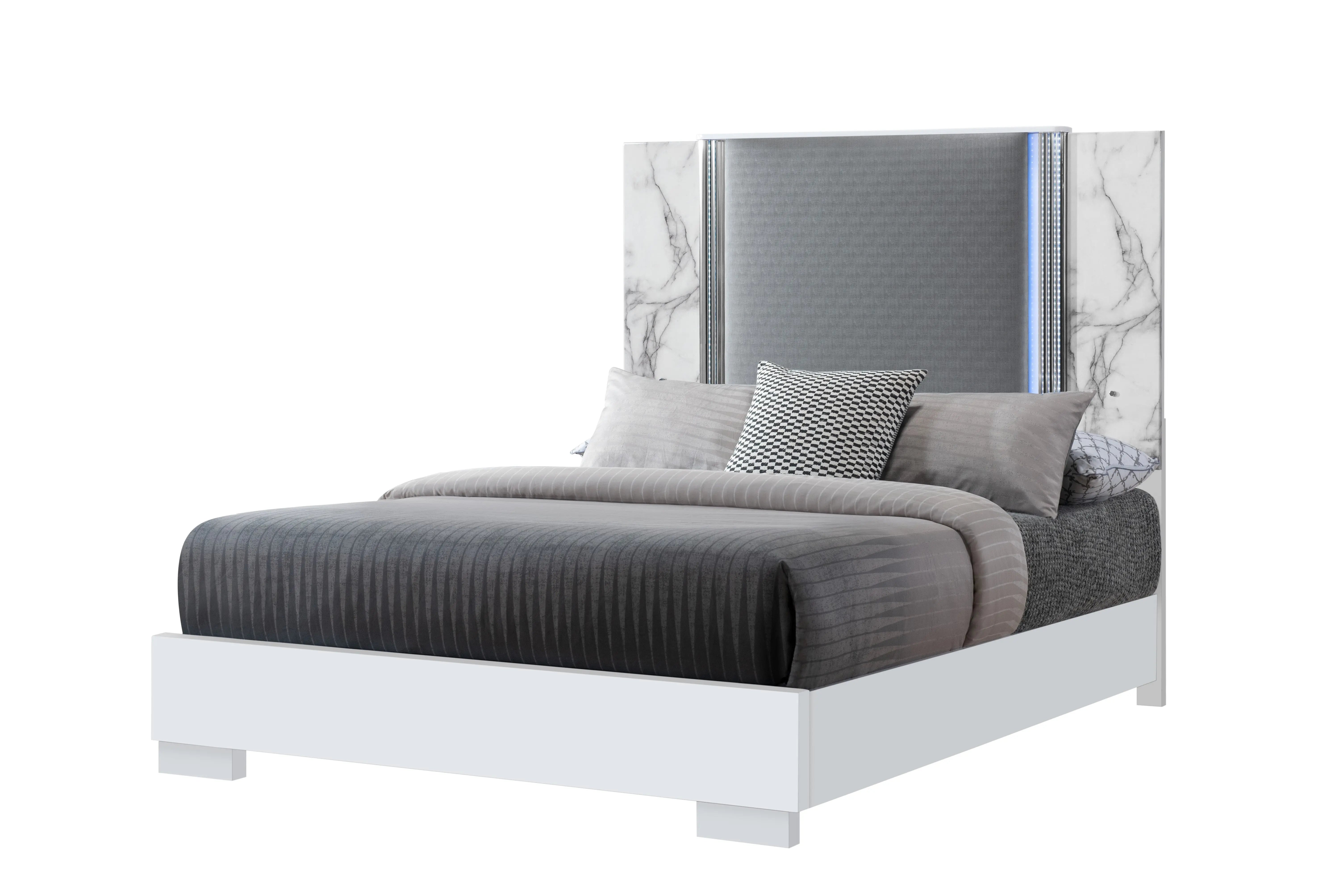 White and Gray Faux Marble And Upholstery Lighted Queen Bed Frame Homeroots Bed & Bath