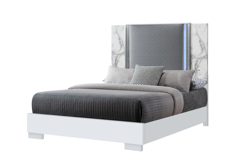 White and Gray Faux Marble And Upholstery Lighted Queen Bed Frame Homeroots Bed & Bath