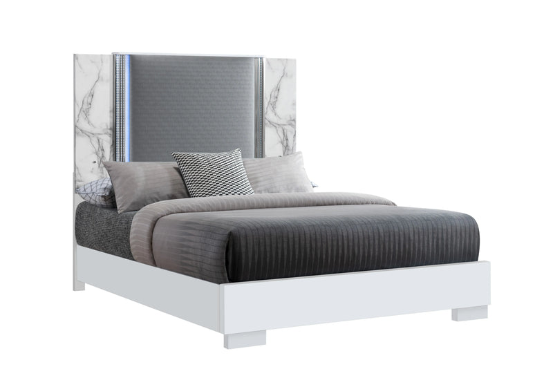 White and Gray Faux Marble And Upholstery Lighted Queen Bed Frame Homeroots Bed & Bath