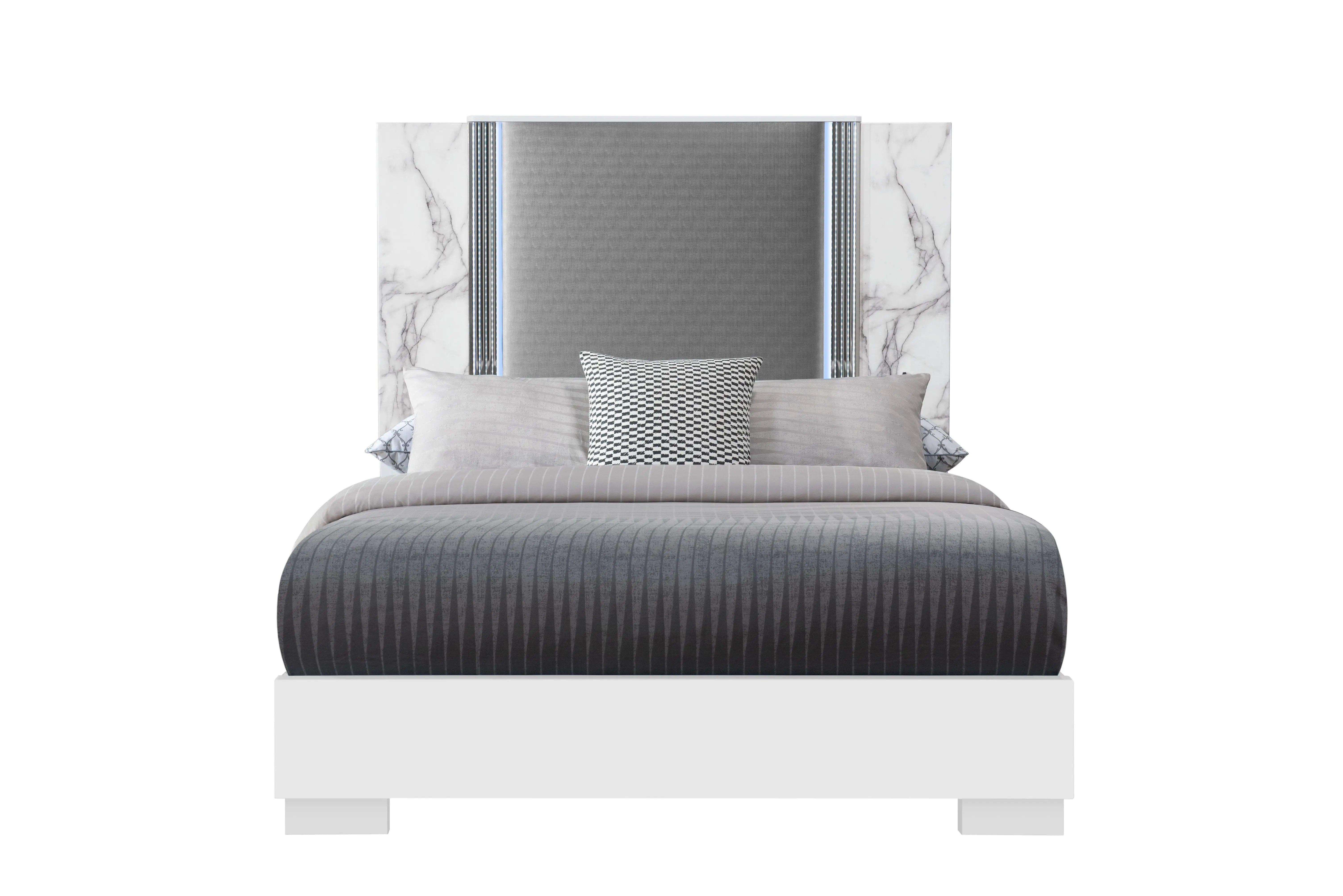 White and Gray Faux Marble And Upholstery Lighted Queen Bed Frame Homeroots Bed & Bath