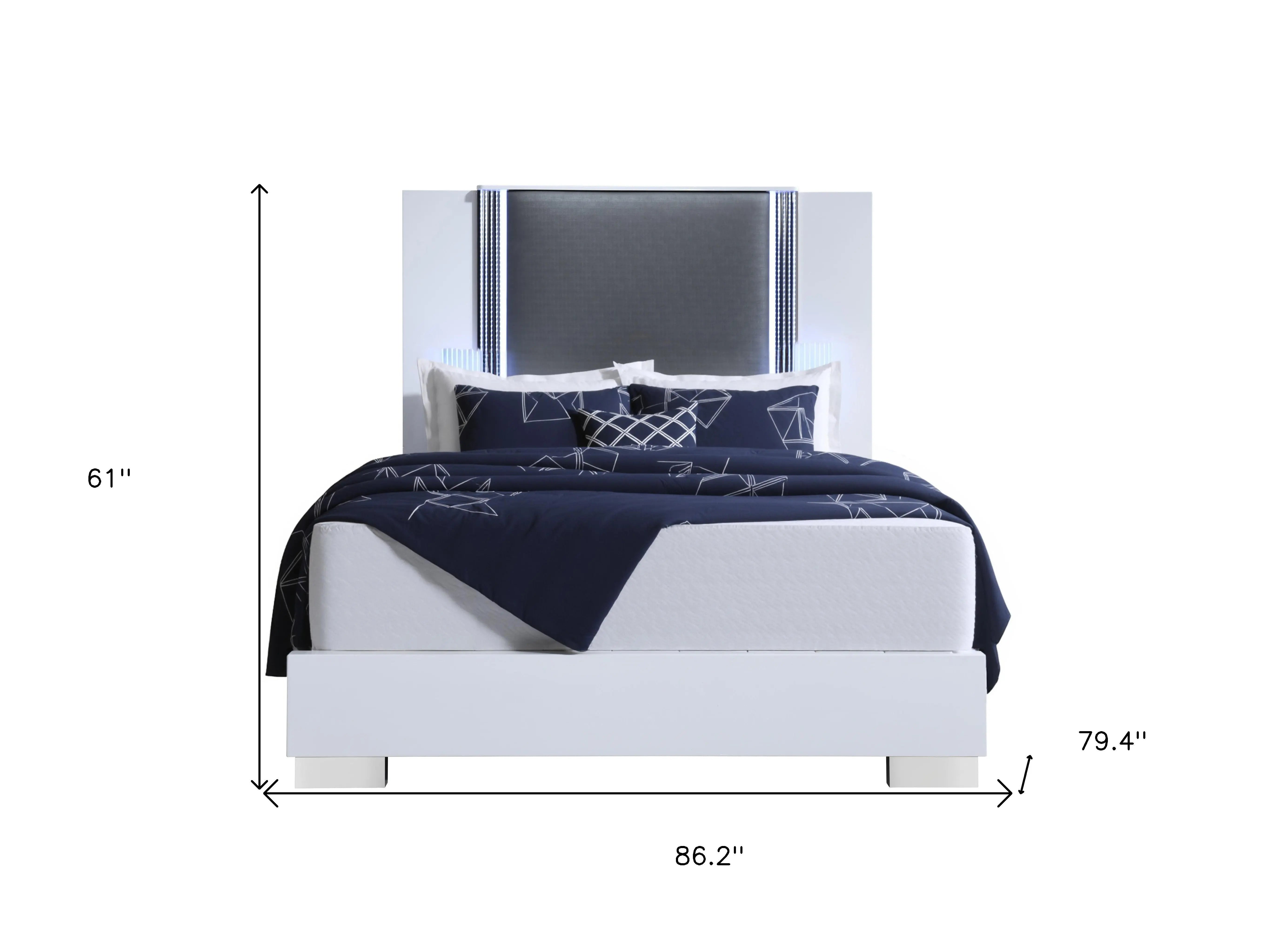 White and Gray Wood And Faux Leather Lighted King Bed Frame Homeroots Bed & Bath