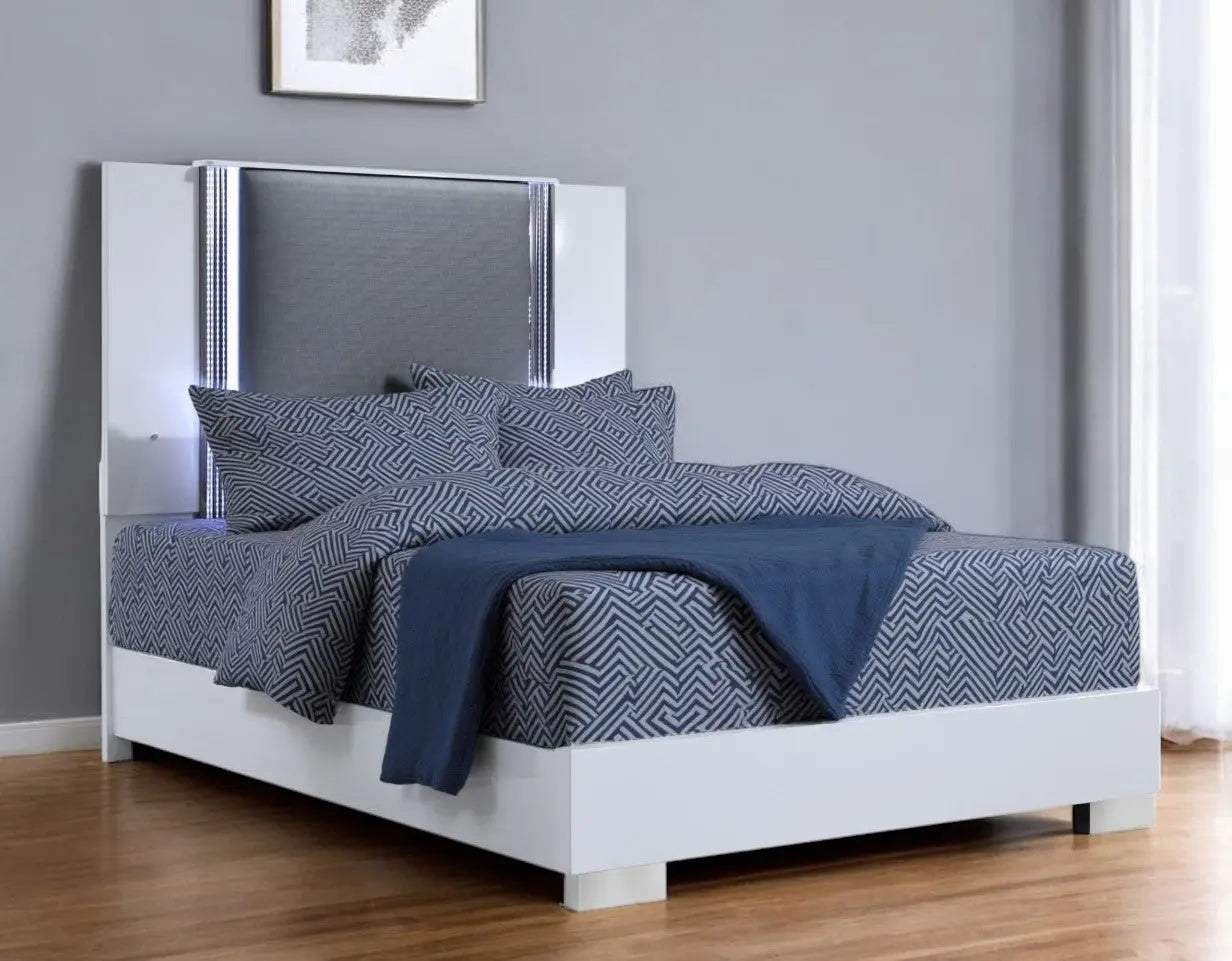 White and Gray Wood And Faux Leather Lighted King Bed Frame Homeroots Bed & Bath