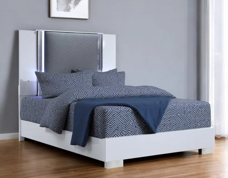 White and Gray Wood And Faux Leather Lighted King Bed Frame Homeroots Bed & Bath