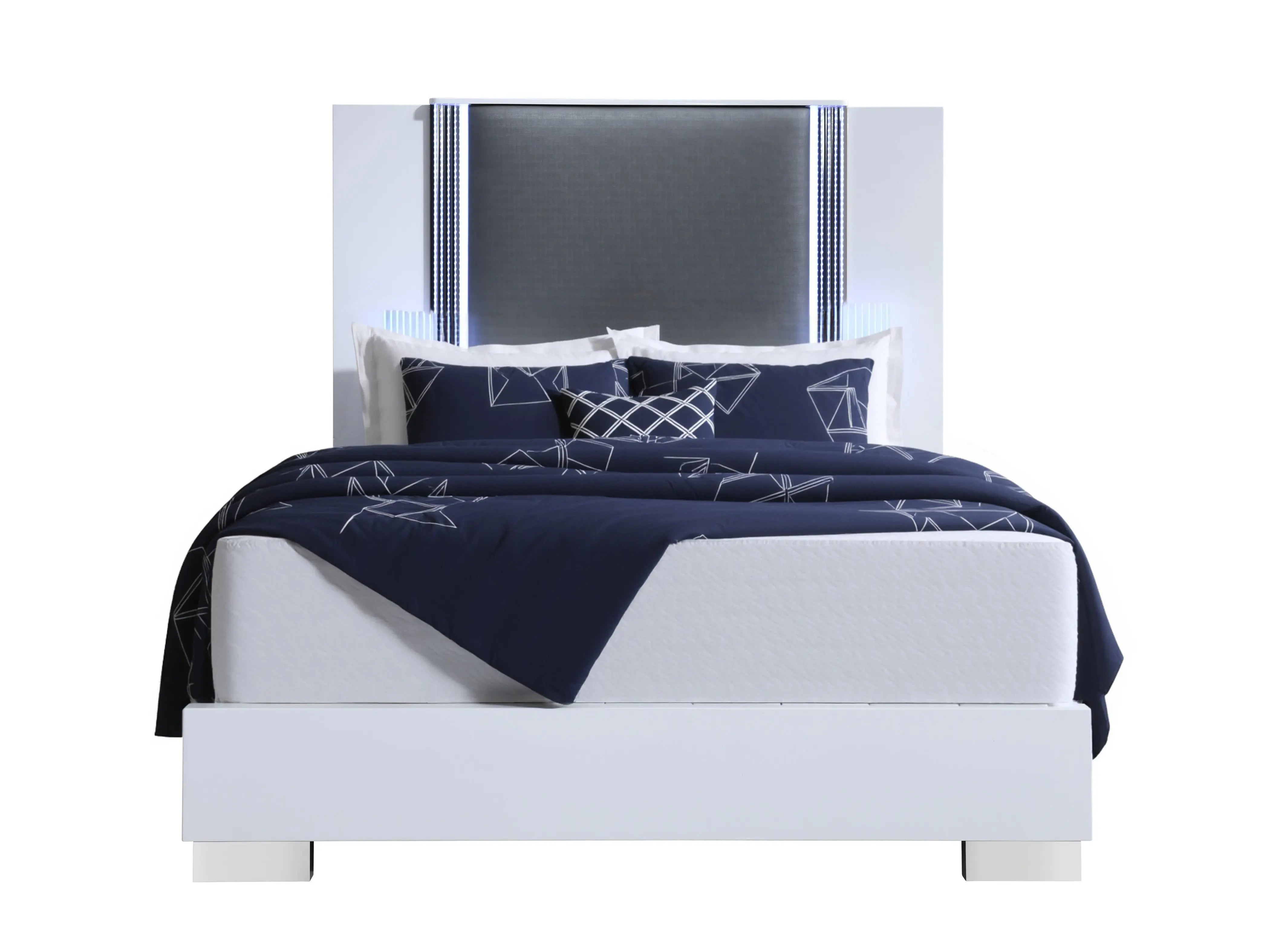 White and Gray Wood And Faux Leather Lighted King Bed Frame Homeroots Bed & Bath