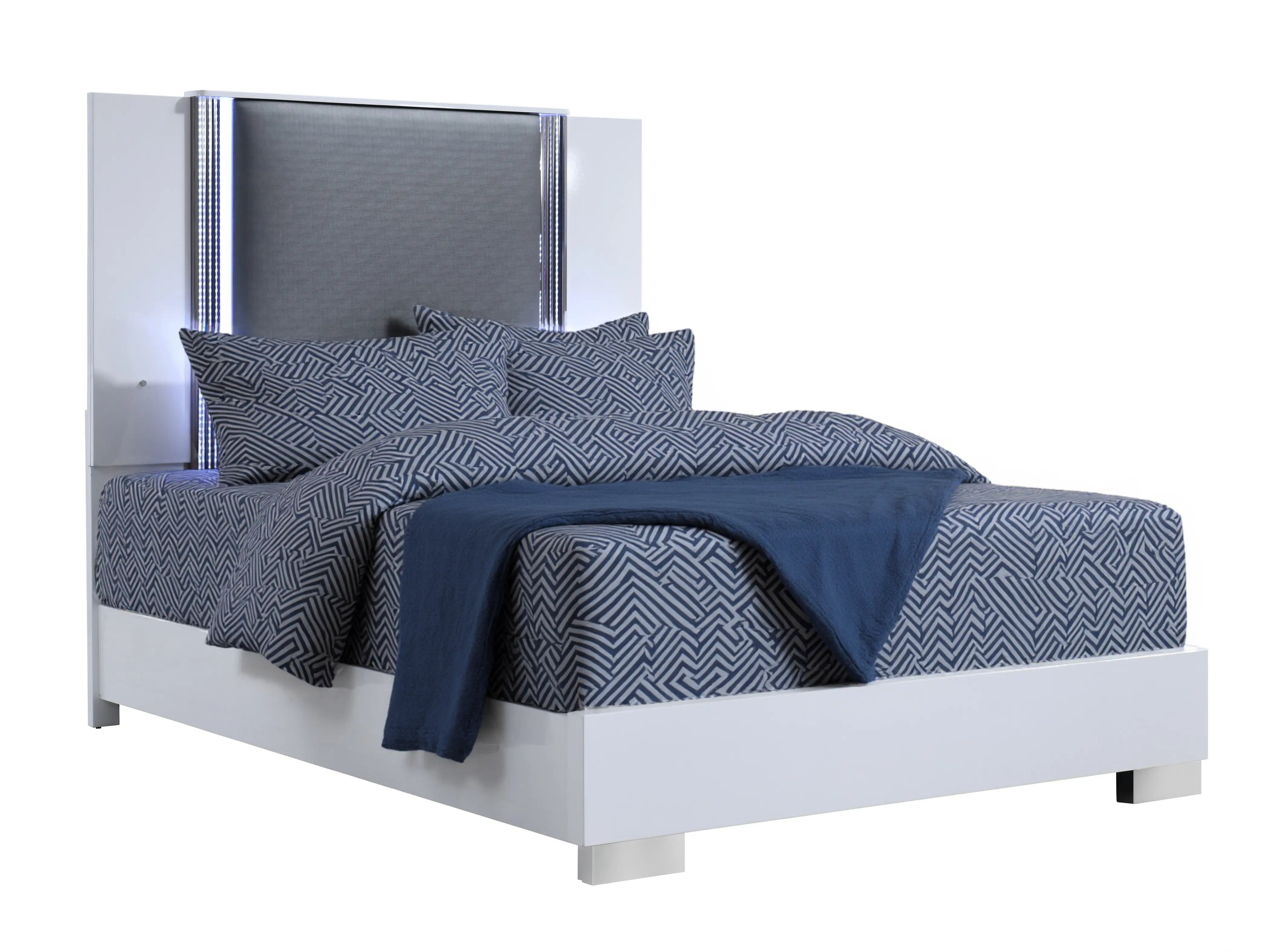 White and Gray Wood And Faux Leather Lighted King Bed Frame Homeroots Bed & Bath