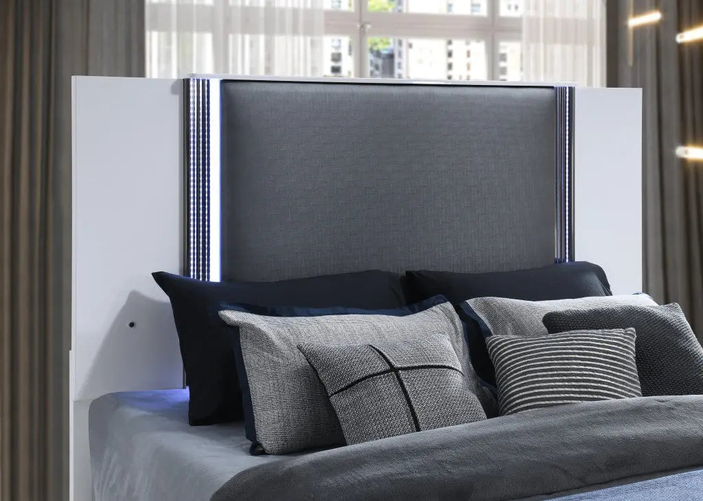 White and Gray Wood And Faux Leather Lighted King Bed Frame Homeroots Bed & Bath