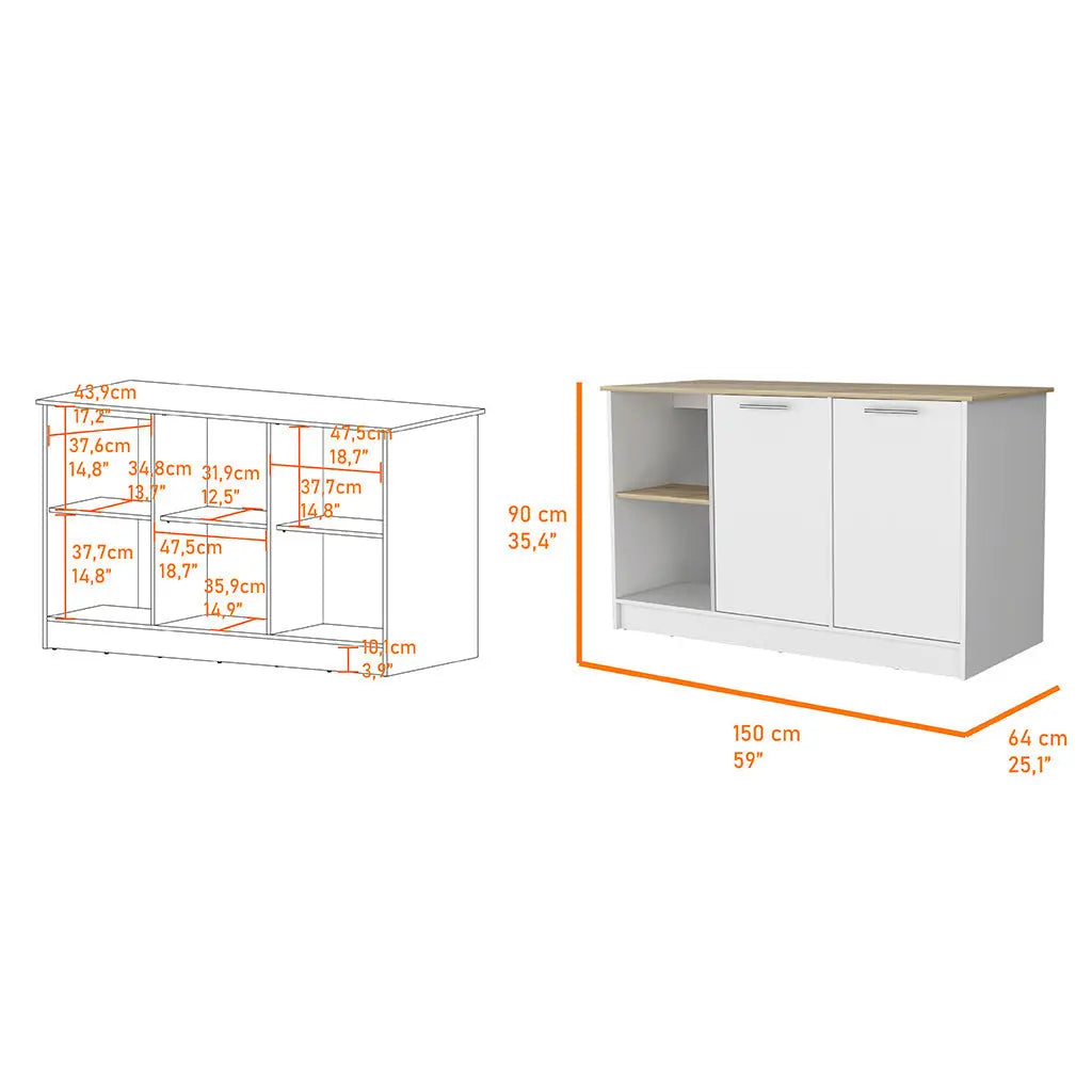 White and Oak 59" Kitchen Island With Storage Homeroots Kitchen & Dining