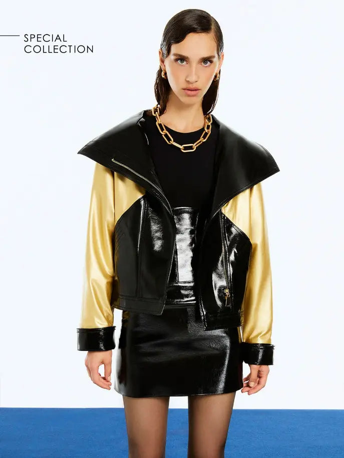 Wide Collar Patent Faux Leather Jacket Monique Store