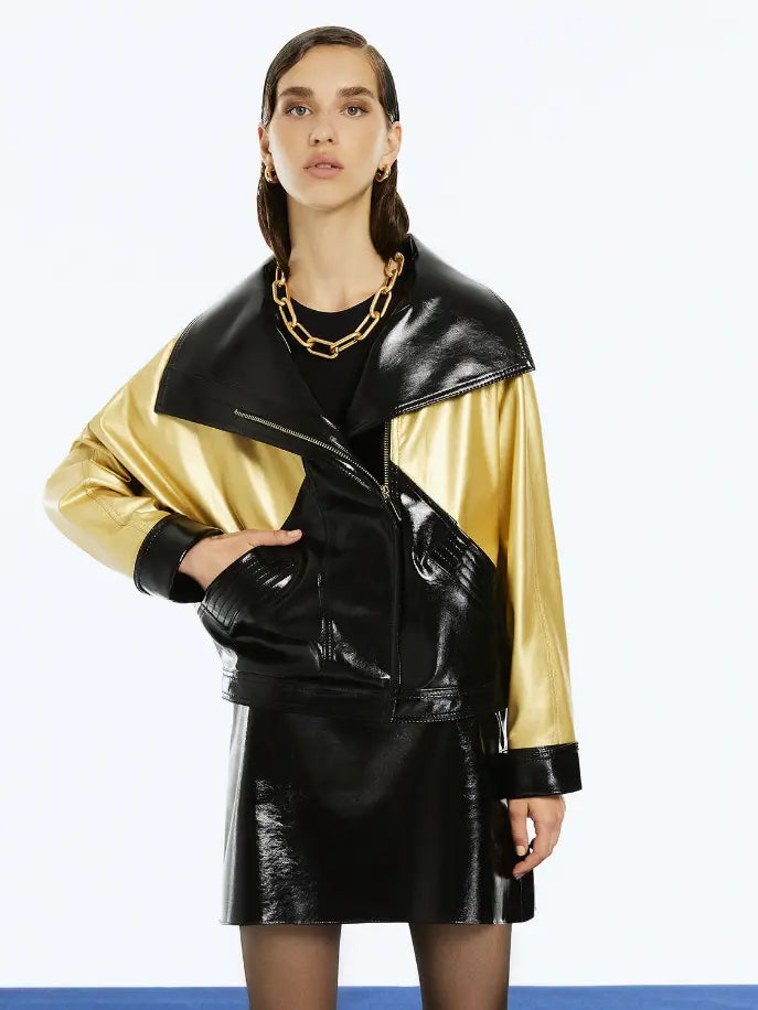 Wide Collar Patent Faux Leather Jacket Monique Store