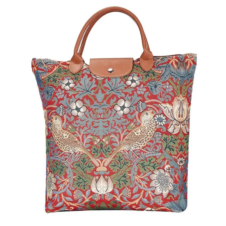 William Morris Strawberry Thief Red Foldaway Grocery Bag Signare USA