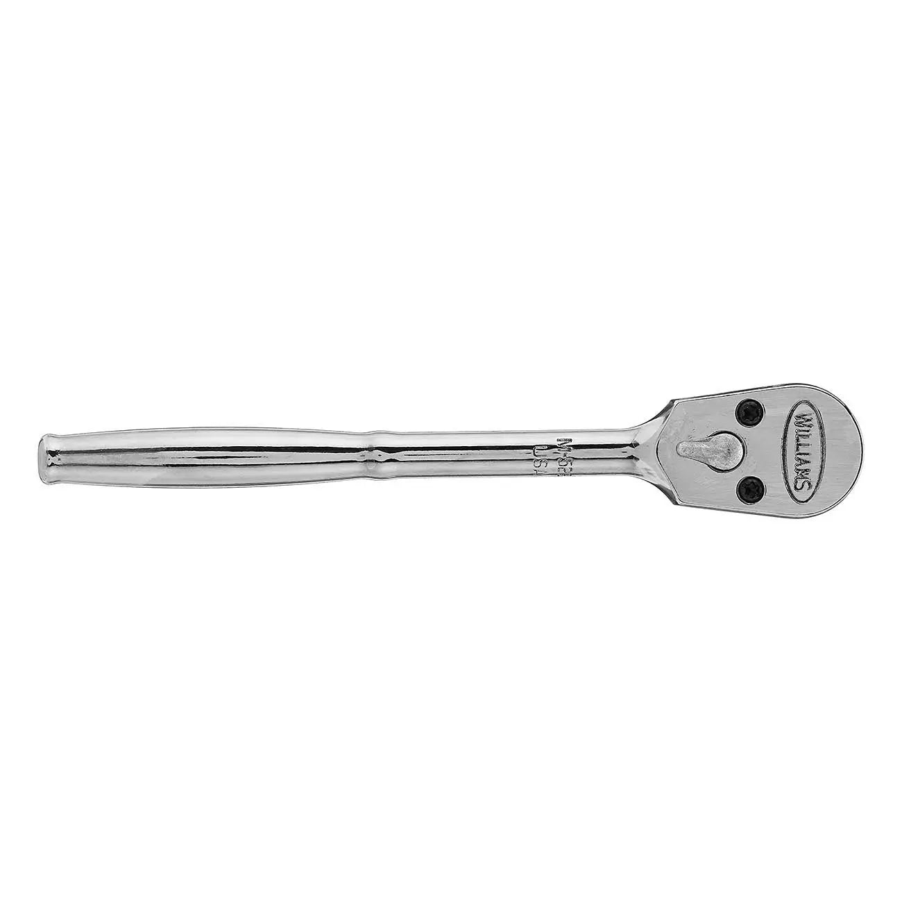 Chrome-plated 1/2" drive ratchet with a polished finish and ergonomic handle for enhanced grip and durability.
