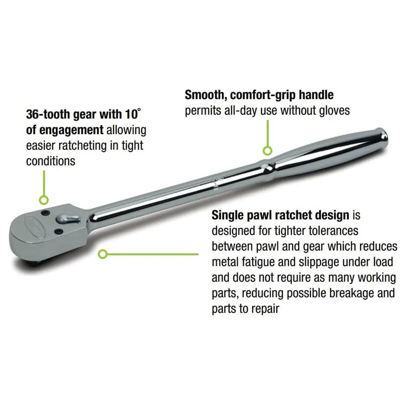 Chrome 36-tooth ratchet wrench with comfort-grip handle, designed for tight spaces and durability.