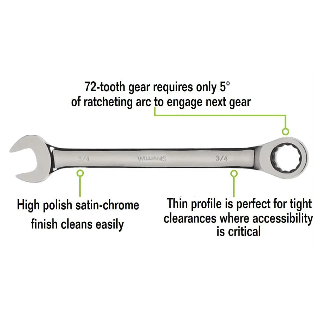 High polish satin-chrome 3/4" ratcheting wrench with 72-tooth gear, ideal for tight spaces, thin profile, and easy cleaning.