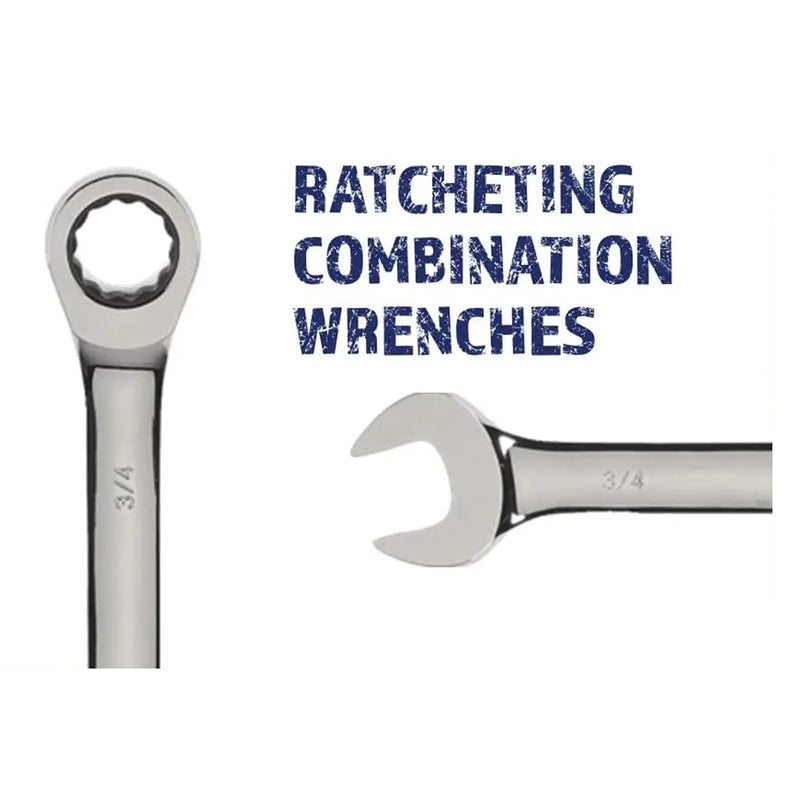 Chrome ratcheting combination wrenches in 3/4" size, featuring polished finish for durability and ease of use.